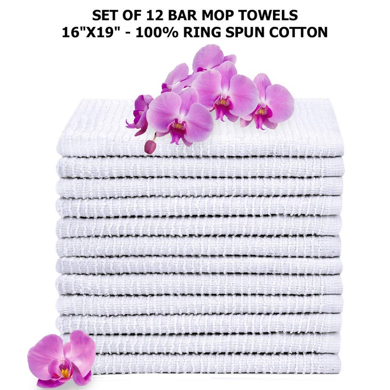 TALVANIA Bar Mop Towels 16â€x19â€, White Kitchen Bar Towel 12 Pack, 100% Cotton Ribbed Cleaning Cloths Rags, Super Absorbent Terry Shop Towels for Home Restaurant Commercial Use - Image 2